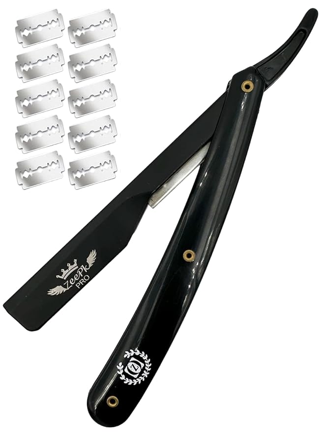 Navaja Afeitadora Profesional para Barberos Zeepk Straight Razor – Acero Inoxidable con 10 Blades – Grooming Kit para Uso Diario Matte Black