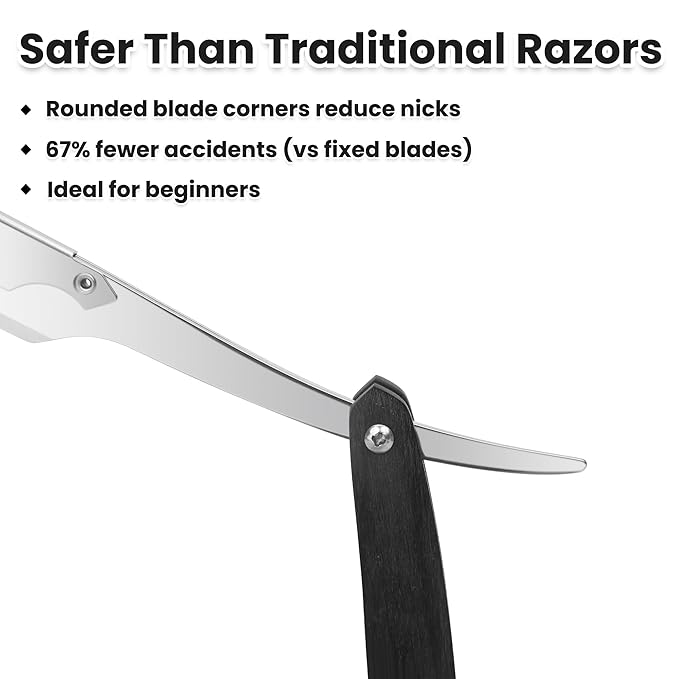 Shavette Straight Razor Kit for Men - Stocking Stuffers Gifts for Dad, Husband, Boyfriend - Professional Barber Straight Edge Razor with Black Wooden Handle for a Close, Smooth Shave & Beard Shaping