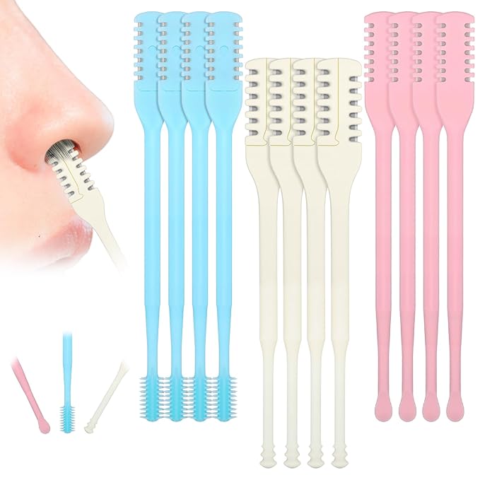 12 Pcs 2-in-1 Nasal Hair Cutter Double Sided Nose Hair Knife with Ear Picker and Soft Cleaning Brush 360° Rotating Portable Nostril Remover Trimmer Tool for Women and Men