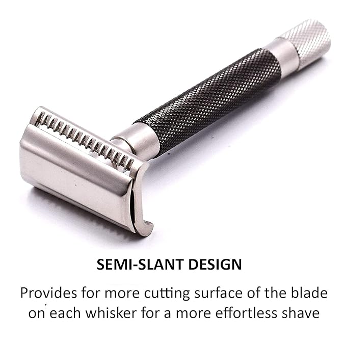 Parker Semi-Slant Safety Razor – Graphite Finish | Close Shaving Double Edge Razor for Sensitive Skin & Coarse Hair | Slanted Precision Head + 5 Platinum DE Blades | Iconic Brand