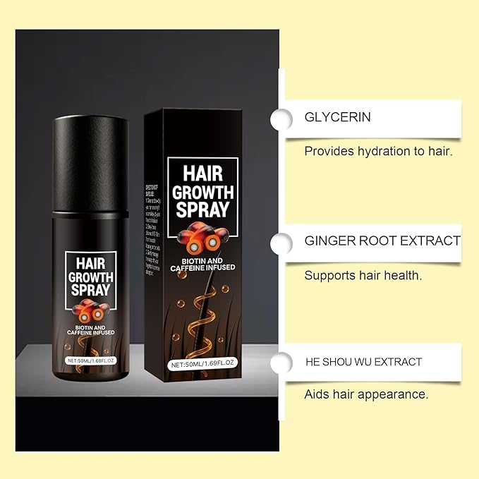 Hair Growth Spray & Hair Thickening Serum for Women & Men with Ginger, Biotin, Caffeine - Anti Thinning Treatment for Thicker, Fuller Hair - Natural Formula for All Hair Types, 50ml