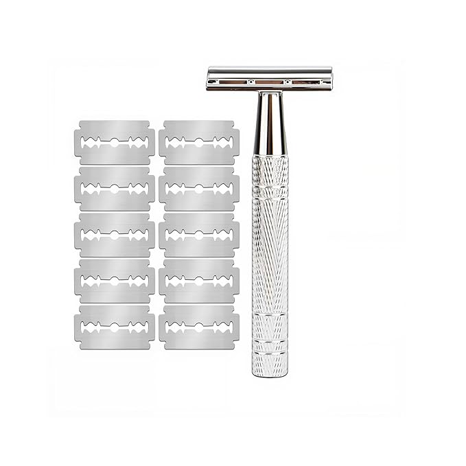 Men's and Women's Manual Razor Safety Razor with 10 Double Edge Blades, Double Edge Razor, Reusable Razor Kit, Eco-Friendly, Smooth Close Shave, Plastic-Free (Silver)