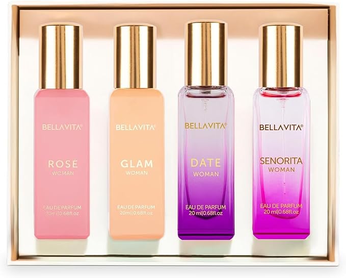 BellaVita Luxury Women's Perfume Gift Set | 4x20ml | Notes of Floral, Sweet, Spicey Red Fruit, Vanilla & Musk | DATE, SENORITA, GLAM & ROSE | French Parfum Collection Gift Set
