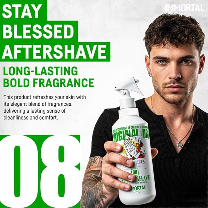 Immortal NYC Stay Blessed 08, After Shave Spray Body/Face Men's Cologne, 17 oz, Exclusive Barbers, Softens Skin, Refreshes, Purifies and Relieves Face and Skin, Moisturizing Formula After Shaving