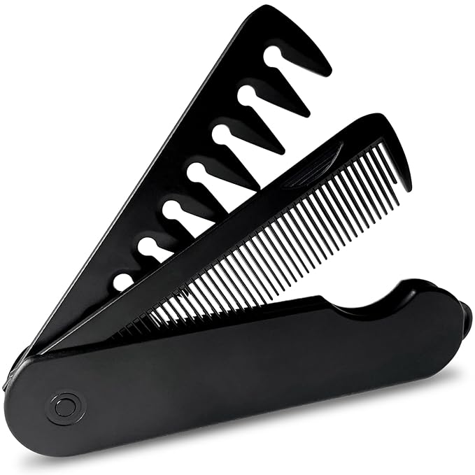 2-in-1 Men's Protable Folding Pocket Comb - Black, Fine & Wide Tooth Comb for Hair and Beard Grooming