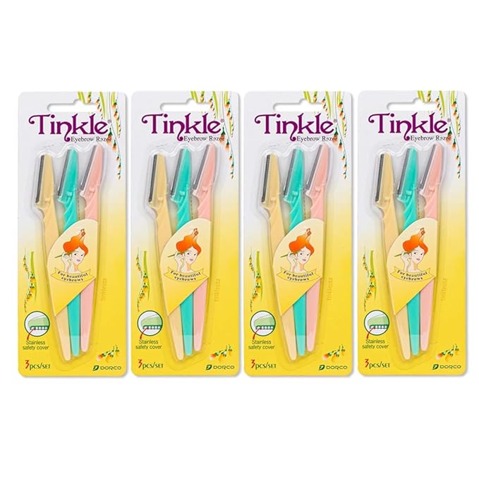 Tinkle Dermaplaning Tool 12ct, Dermaplane Razor for Women, Safe and Easy Peach Fuzz Remover, Eyebrow Trimmer with Protective Cover (4 Packs of 3), Stocking Stuffers