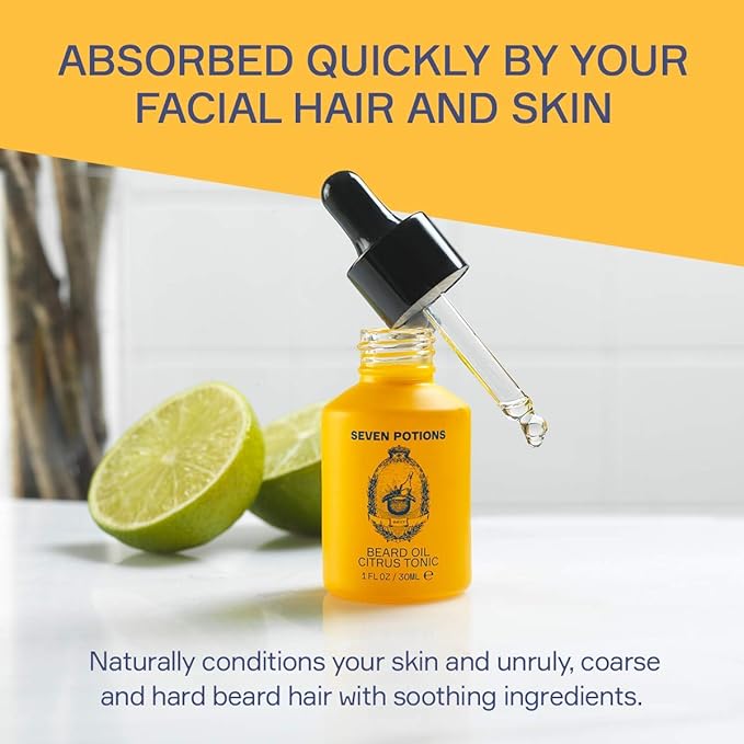 SEVEN POTIONS Natural Beard Oil for Men 1 FL OZ / 30ml — Fresh & Citrus Beard Softener & Conditioner — Vegan Conditioning Oil That Helps Prevent Itch & Dandruff (Citrus Tonic)