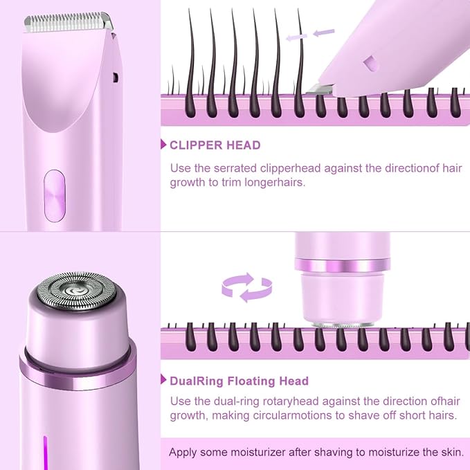 Women's Electric Shaver Bikini Trimmer for Women Razors 2-in-1 Dual Head Design IPX7 Waterproof Wet & Dry Use Body Groomer Hair Trimmer Remover for Facial Underarm Arm Face Leg Bikini (Purple)