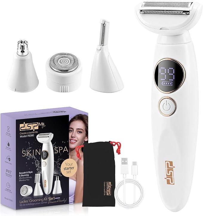 DSP 5-in-1 Electric Shaver for Women, Waterproof Painless Hair Removal Trimmer with Nose/Eyebrow/Bikini Attachments, USB Rechargeable Ladies Grooming Kit for Face Legs Arms