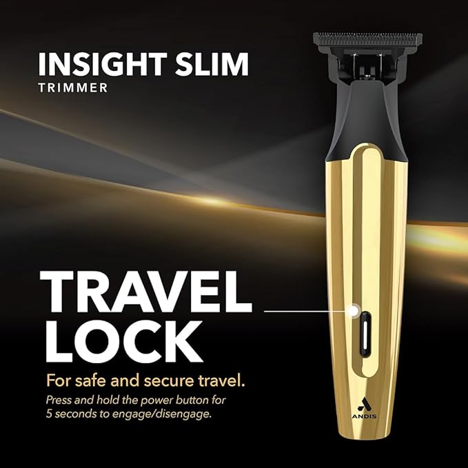 Andis 562442 Insight Slim Cordless High Powered Rotary Motor Hair Trimmer, 9-Piece Kit, Stainless-Steel T-Blade, Lithium-Ion Battery, Travel Lock, Gold