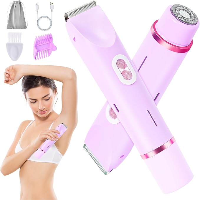 2 in 1 Bikini Trimmer for Women, Dual Head Electric Rozor, Facial Hair Removal, Ipx7 Waterproof Body Shaver for Bikini Face Armpit Pubic Hair Leg Back, Easy Cleaning, Ceramic Blade (Purple)