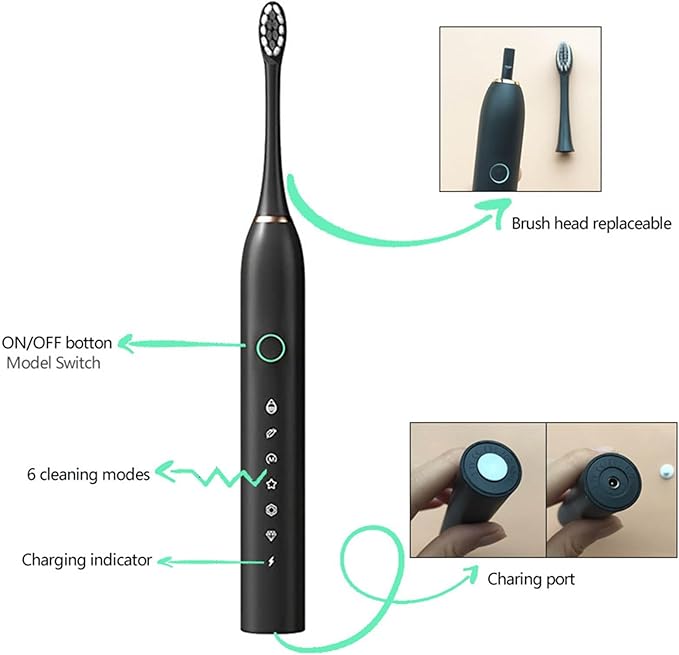 Electric Toothbrush with 4 Brush Heads 6 Modes Smart Timers IPX7 Waterproof USB Rechargeable 42000VPM Adults Toothbrush Set Travel Toothbrush Rechargeable Portable 4 Brush Heads Black