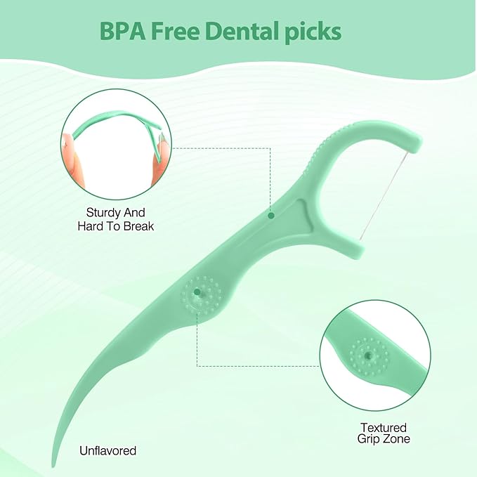 Floss Picks 200 Count Portable Dental Floss Sticks for Teeth Cleaning Dual Function Disposable Dental Floss Picks Comfortable Ergonomic Handle Tooth Picks Flossers 4 Travel Cases Green