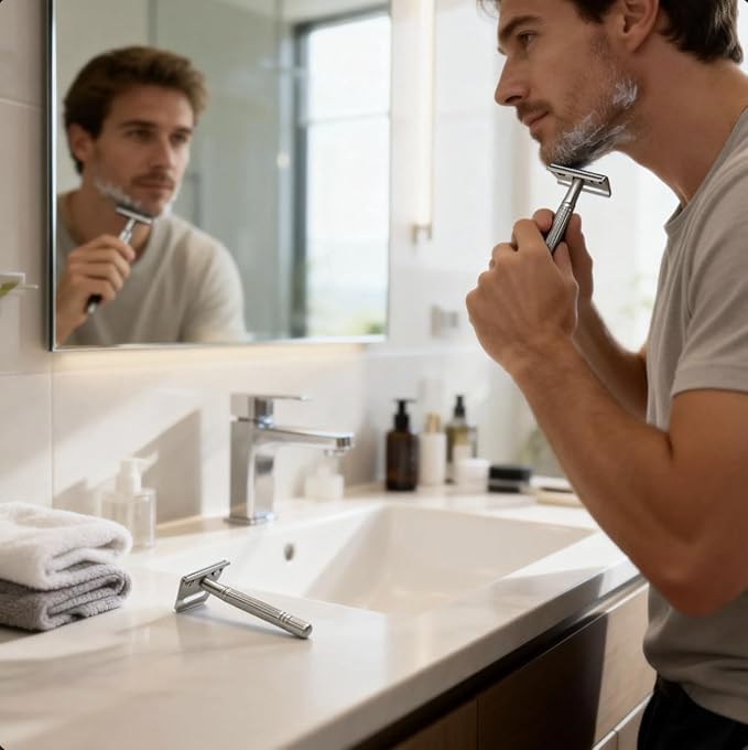Reusable Double-Edge Safety Razor for Men - Vintage Chrome Short Handle, 8 Stainless Steel Sharp Blades, Smooth Shaving Tool with Mirror Travel Storage Case