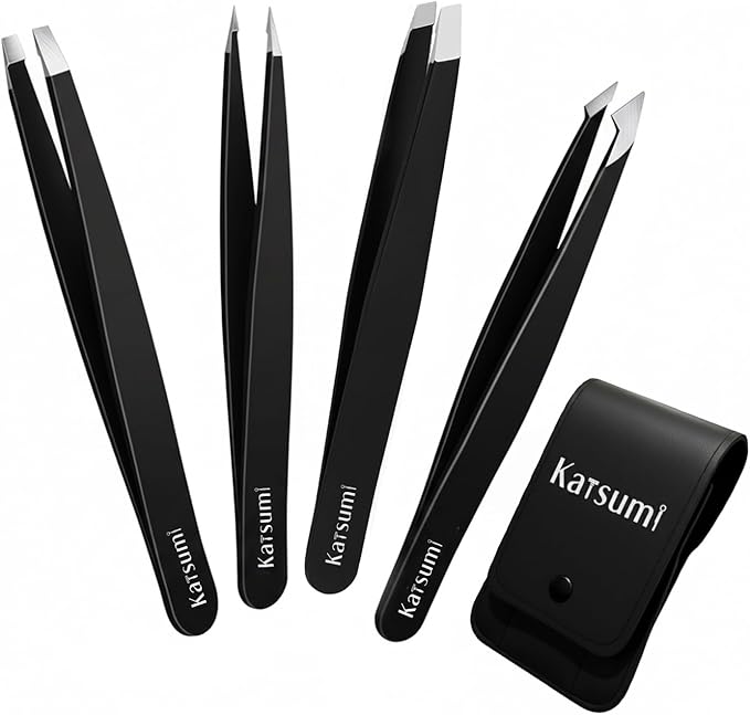 Katsumi Pinnacle 4-Piece Tweezers Set – Precision Stainless Steel Tweezers for Eyebrows, Facial Hair, Ingrown Hair, Splinters – Professional Beauty Kit Black