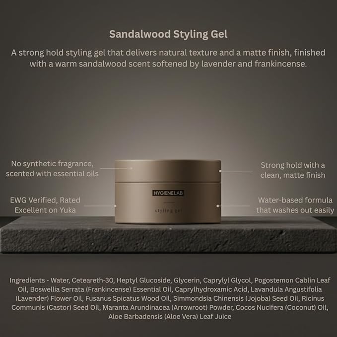 HygieneLab Men's Hair Gel - EWG Verified, Strong Hold, Matte Finish, Weightless Texture, Sandalwood Scent, Non-Toxic Clean Formula, Suitable for All Hair Types