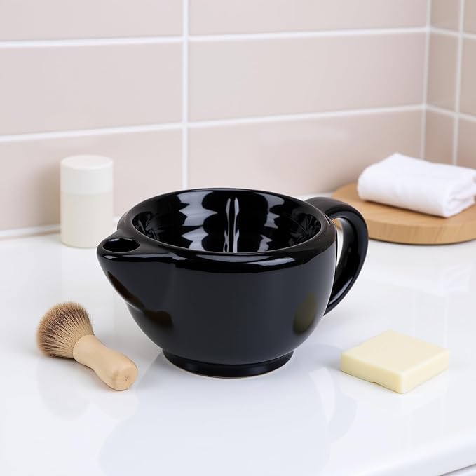 Double Walled Ceramic Shaving Bowl, Heat Retention Lather Bowl with Wide Mouth & Textured Interior, Large Handle Shaving Mug for Men, Hot Lather Accessory (Double Layer)