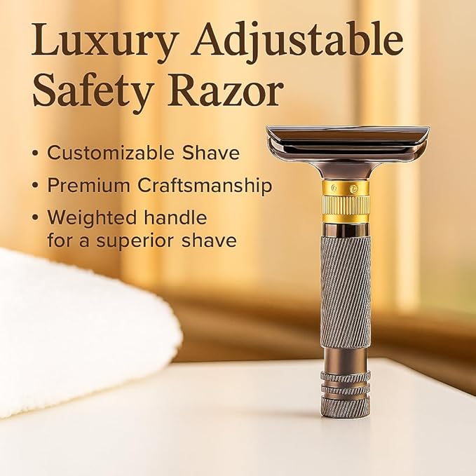 Luxurious and beautifully adjustable double-edged safety razor with 10 platinum-plated stainless steel razor blades, reusable razor kit, eco-friendly, smooth close shave (Glossy Black + Base)