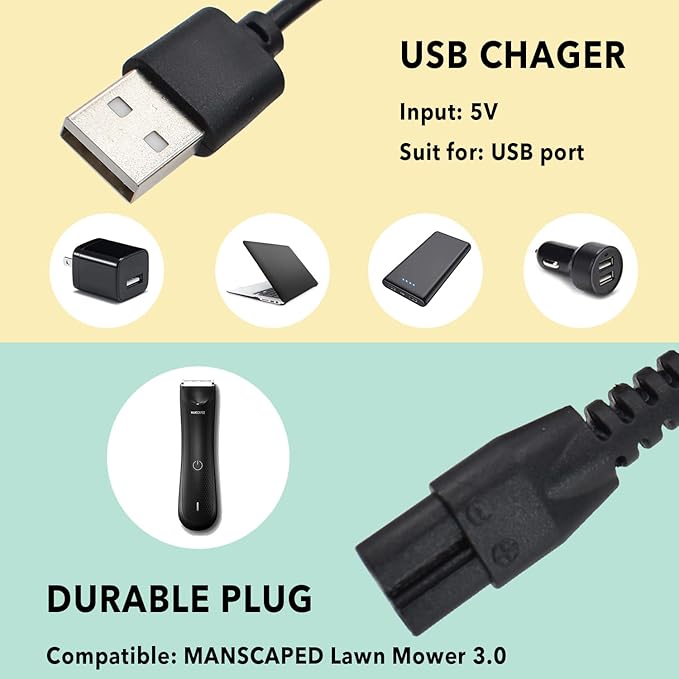 Charger Fit for Manscaped Lawn Mower 3.0/2.0 Electric Groin Hair Trimmer Replacement Charging Cable Power Cord Adapter（Wall Adatper+USB Cable）