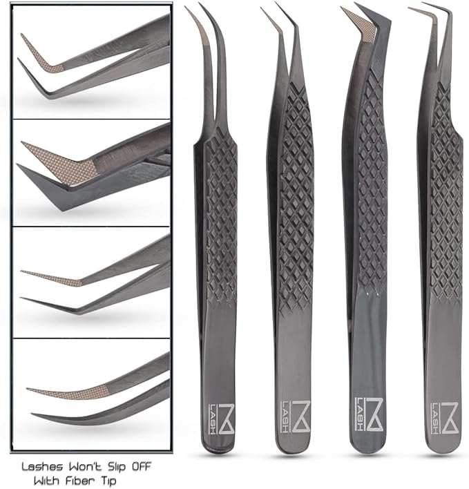 M LASH Tweezers for Eyelash Extensions (Set of 4) - Professional Lash Extension Tweezers - Fiber Tip, Japanese Steel, Diamond Grip Eyelash Extension Tweezer set (Black)