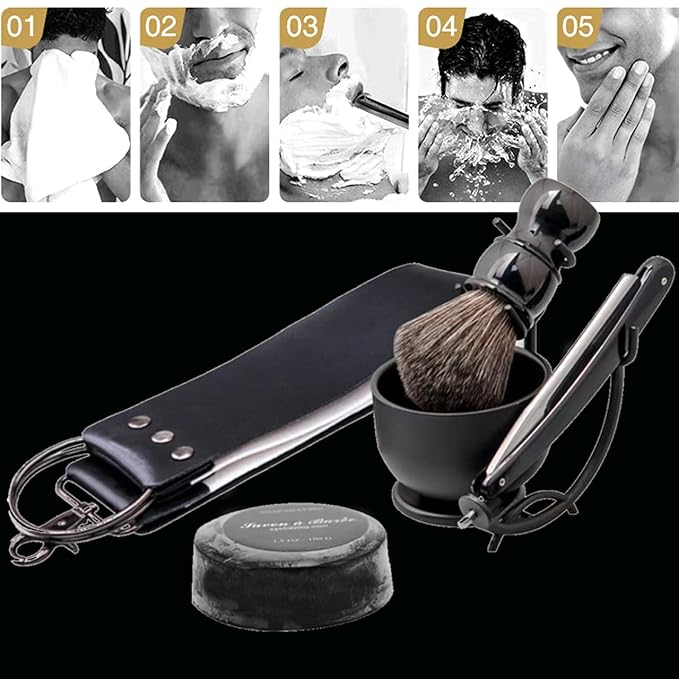 Luxury Men's Shaving Kit Gift Set, DanNuo Barber Straight Razor with Stand Shaving Brush Dual-Layer Leather Razor Strop Bowl Soap 6pcs Shaving Set for Men