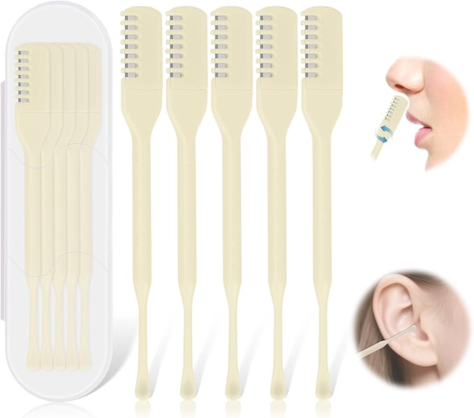5PCS 2-in-1 Nasal Hair Cutter, Manual Nose Hair Trimmer Cutter with Ear Pick for Women & Men 360°Rotating Nose Hair Remover Grooming Tool Knife Razor Portable Nostril Hair Trimmer (Beige)