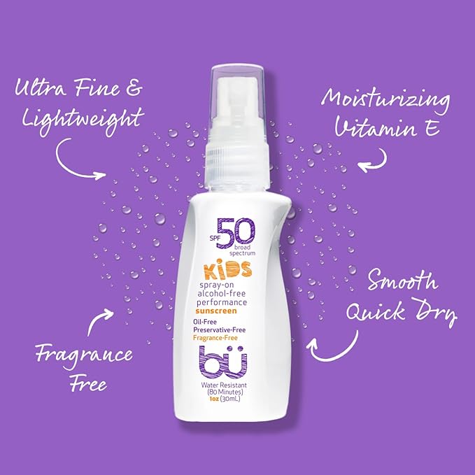 BU SPF 50 Fragrance Free Kids Sunscreen Spray for Face and Body, TSA Travel Size Sunscreen, Clear Non Aeorsol Spray, Non Greasy, Water Resistant and Oil Free, 1 oz (4-pack)