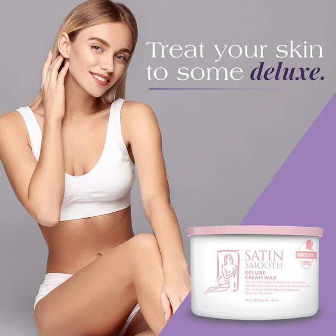 Satin Smooth Deluxe Cream Hair Removal Wax - Soft Wax for Face & Body, Professional Waxing for Sensitive Skin, Thick & Curly Hair, 14 oz, 1-Pack