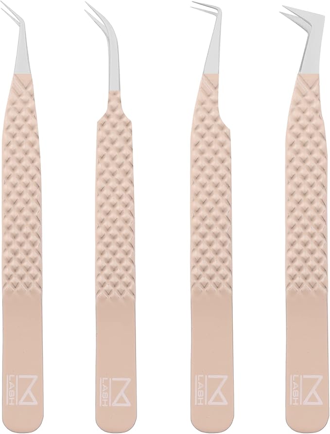 M LASH Tweezers for Eyelash Extensions (Set of 4) - Professional Lash Extension Tweezers - Fiber Tip, Japanese Steel, Diamond Grip Eyelash Extension Tweezer set (ET-Neu)