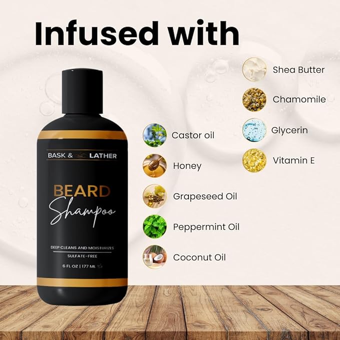BASK & LATHER Beard Shampoo for Men, Beard Wash Gently Deep Cleans and Removes Buildup for All Hair Types, Conditioning & Hydrating Beard Care with Natural Ingredients, Sulfate Free, 6 fl oz