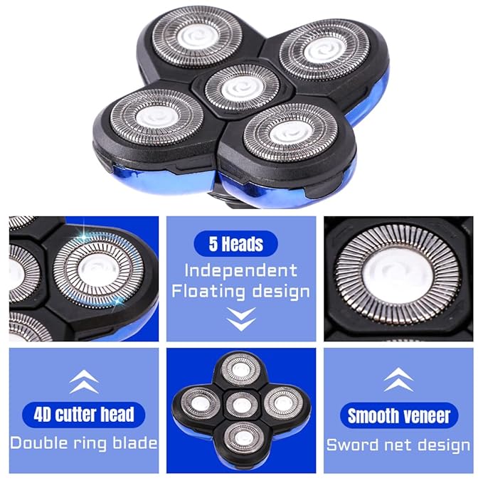Shaver Blade Replacement Heads, 5 Beard Cutter Blades for Electric Razor, Easy Install for Head and Face (Blue)