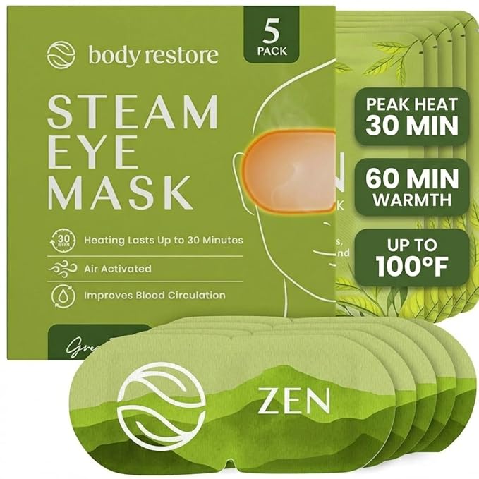 Body Restore Self Heating Warm Compress for Dry Eyes 5 Pack - Heated Eye Mask for Fast Relief, Birthday Gifts for Women, Men, Travel Essentials, Stye Eye Treatment, Relaxation - Green Tea