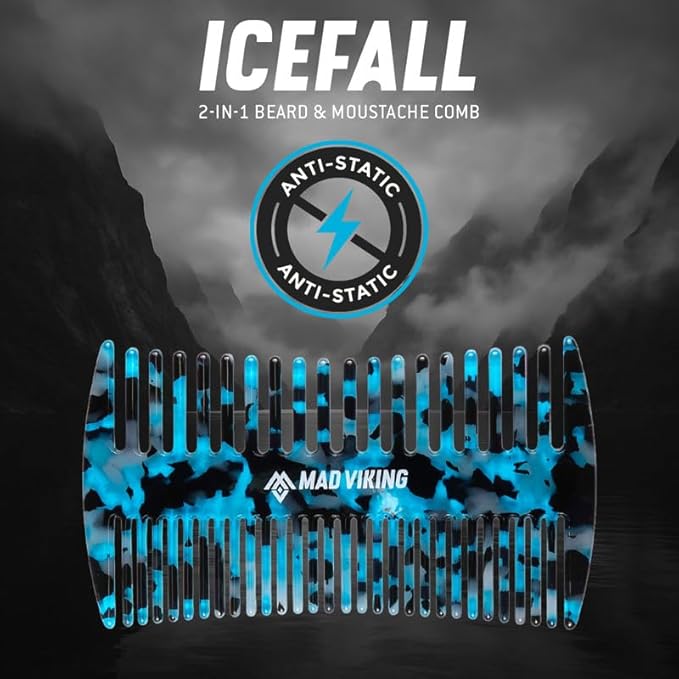 Mad Viking ICEFALL Beard & Mustache 2-in-1 Premium Styling Comb – Dual-Sided Anti-Static Grooming Tool– Durable and Travel-Ready – Smooths, Detangles & Distributes Oils for Strong, Tamed Hair