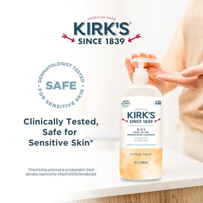 Kirk's 3-in-1 Head to Toe Nourishing Liquid Cleanser- for Men, Women & Children - Premium Coconut Oil & Aloe Vera- Non GMO & Vegan - Citrus Twist - 32 Fl Oz. - 2 Pack
