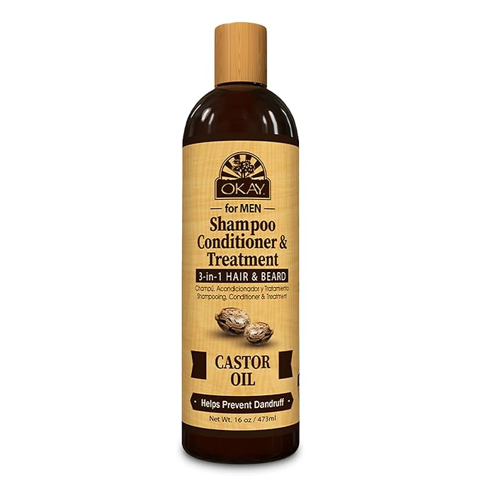 Okay-MEN 3 in 1 Shampoo and Conditioner - Castor Oil Shampoo and Conditioner, Beard Wash, Clarifying Treatment for Dry Damaged Hair, Dandruff, Curly Hair - 16 Fl Oz (Pack of 1)