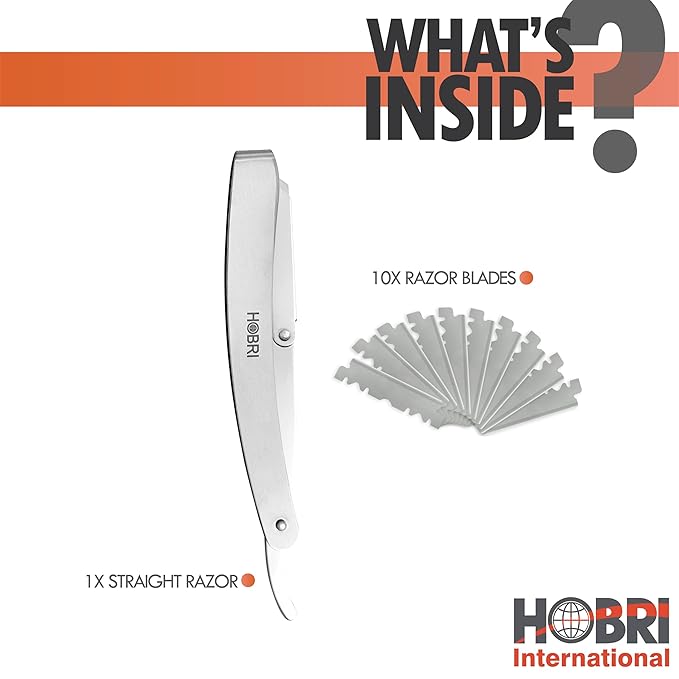 Premium Barber Straight Edge Razor with 10 Blades Men's Manual Shaver Modern Silver Stainless Steel Unisex Adult