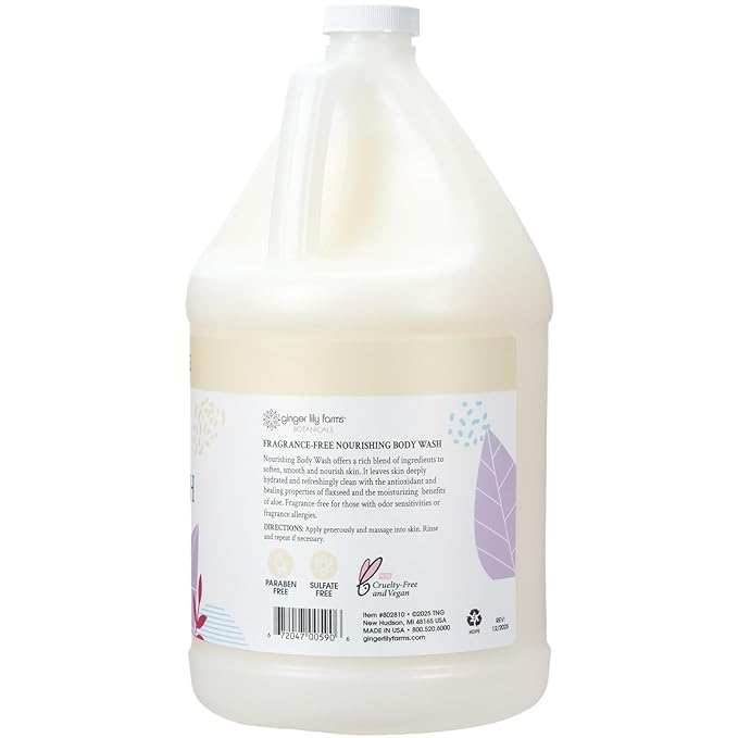 Ginger Lily Farms Botanicals Nourishing Body Wash, 100% Vegan & Cruelty-Free, Fragrance Free, 1 Gallon (128 fl oz) Refill