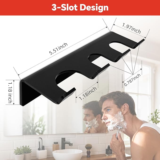 Acrylic Shower Wall Razor Holder Organizer for Men's Double Edge Safety Razor & Shaving Brush (Black)