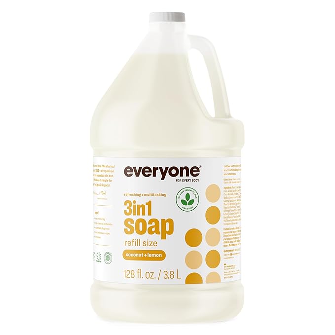 Everyone 3-in-1 Soap, Body Wash, Bubble Bath, Shampoo, 1 Gallon, Coconut and Lemon, made with Essential Oils for Men and Women