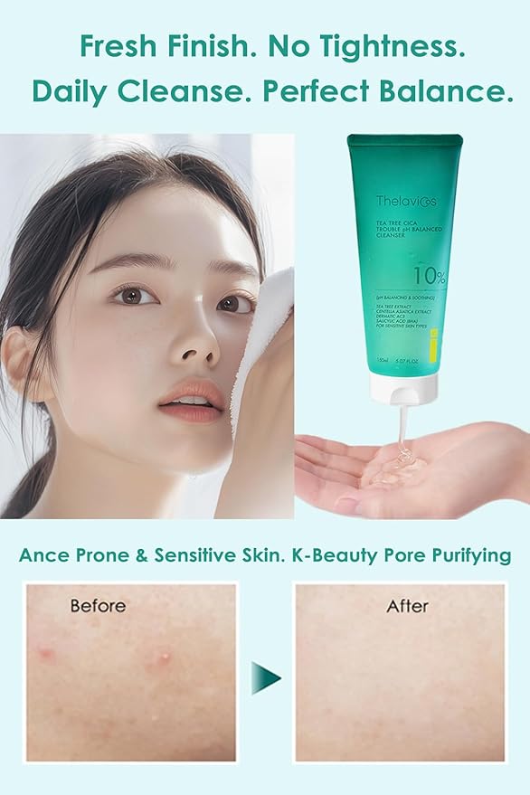 Tea Tree Cica Trouble pH Balanced Cleanser – K-Beauty Soothing Face Wash with BHA/PHA for Acne & Sebum Control | Hypoallergenic, Low pH Cleansing Gel for Sensitive Skin