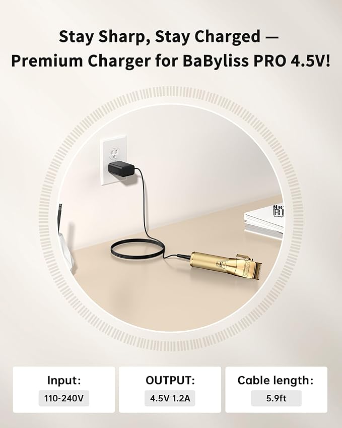VHBW 4.5V Charger for BaByliss PRO FX870 FX825 Clipper Compatible with FX787 FX788 FX726 Trimmer - 6.5FT Extra Long Power Cord Replacement Part