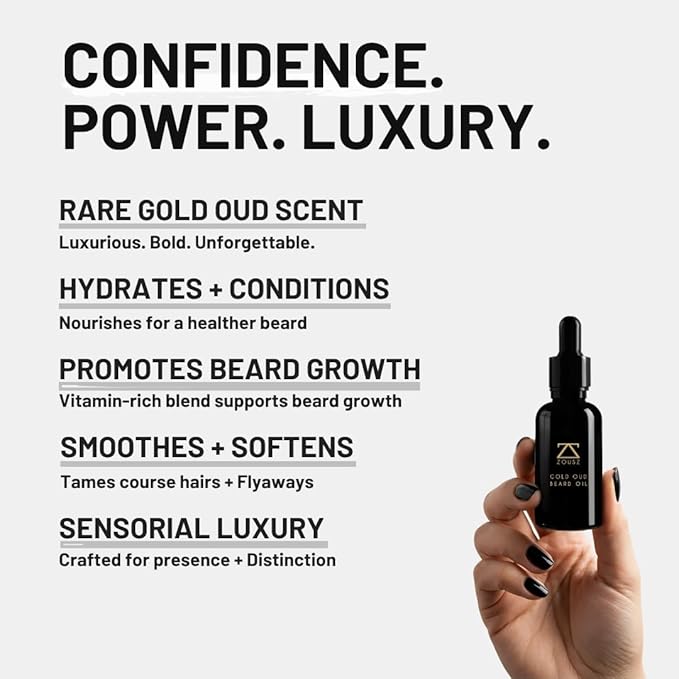 ZOUSZ Gold Oud Beard Oil for Men – Premium Beard Growth & Conditioning Oil with Argan & Organic Oils – Softens, Strengthens & Moisturizes – Non-Greasy Vegan Grooming Gift – 30ml