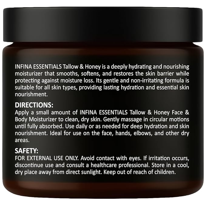 Beef Tallow for Skin with Raw Honey – Grass Fed Beef Tallow Face & Body Moisturizer - Balm Style Hydrating Cream with Beeswax & Olive Oil for Dry Skin, Hands & Feet – 4.4 oz