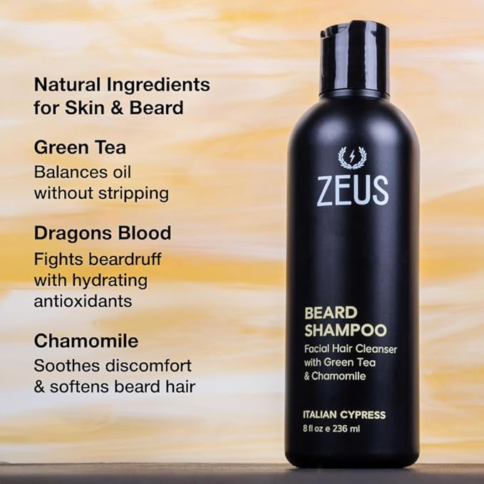 ZEUS Beard Shampoo for Men with Chamomile, Green Tea & Essential Oils, Deep Cleansing Hydration for Softer Facial Hair (Made in USA) Italian Cypress