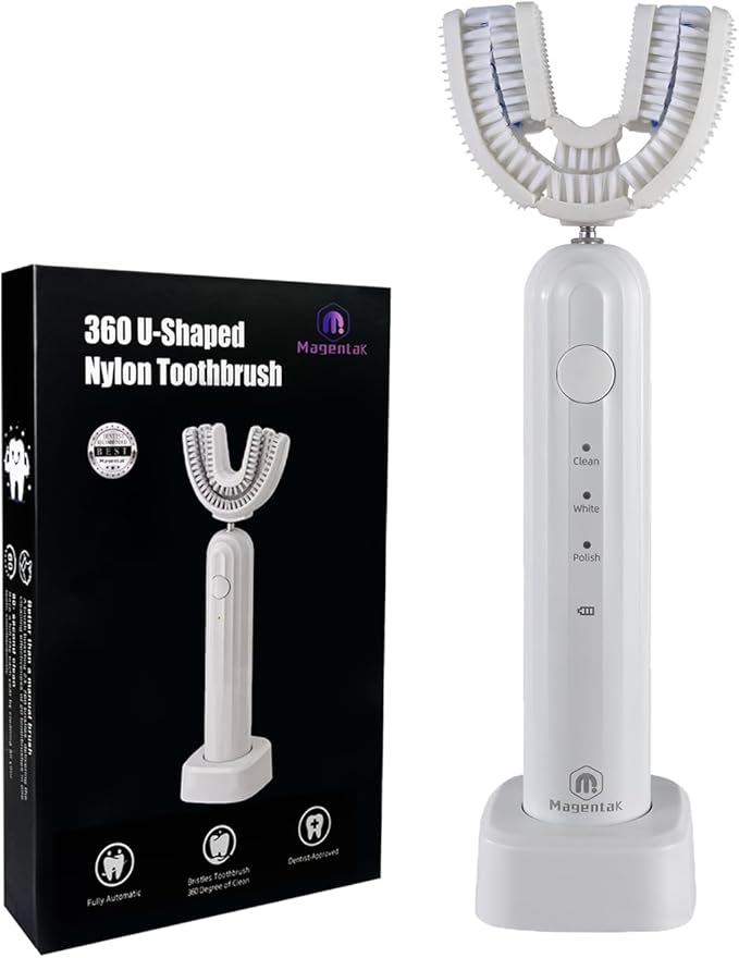 Ultrasonic U Shaped Toothbrush for Adults, Electric Toothbrush for 360-degree Cleaning with Wireless Charging, Waterproof IPX7, 3 Modes for Teeth Whitening(White)