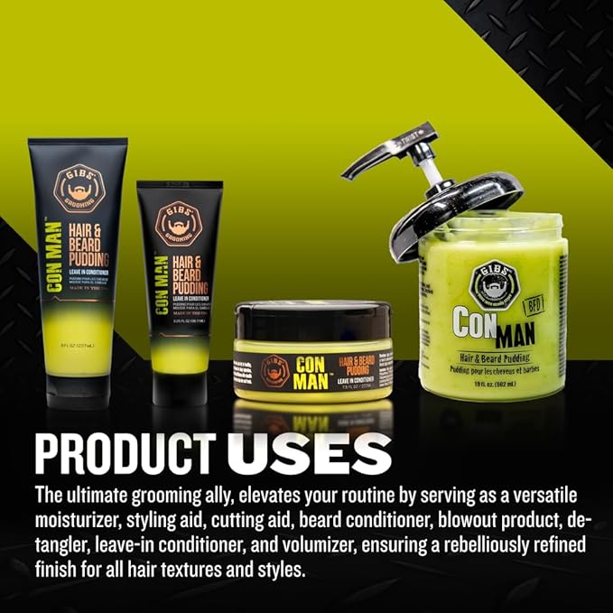 GIBS Con Man Hair & Beard Pudding - Leave-In Conditioner, Curl Definer,Green 7.5 Fl oz