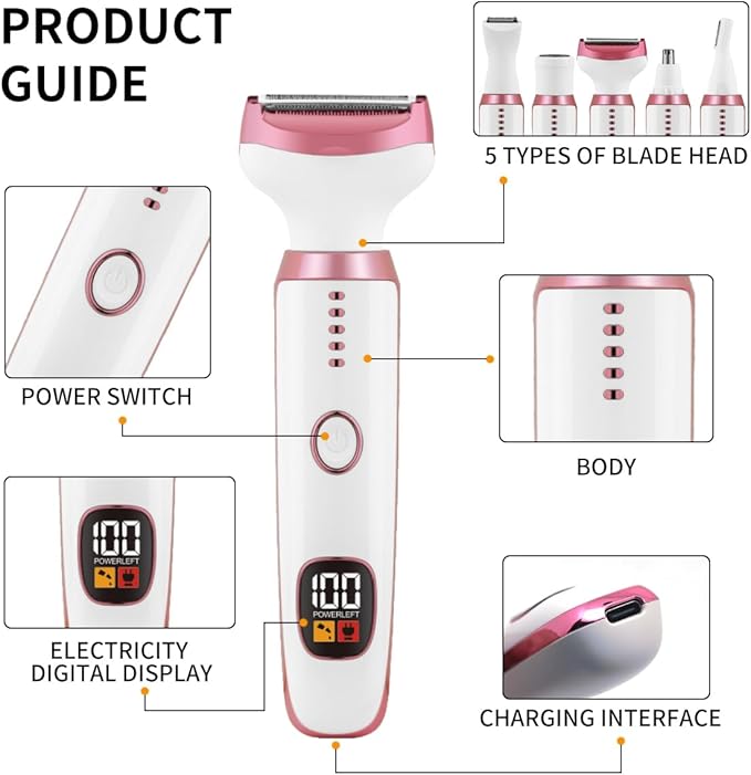 Electric Razors for Women, 5 in 1 Painless Ladies Wet & Dry Body Razors and Facial Hair Remover, Rechargeable Facial and Body Hair Remover for Face Nose Eyebrow Arms Armpit Legs Pubic Area（White）
