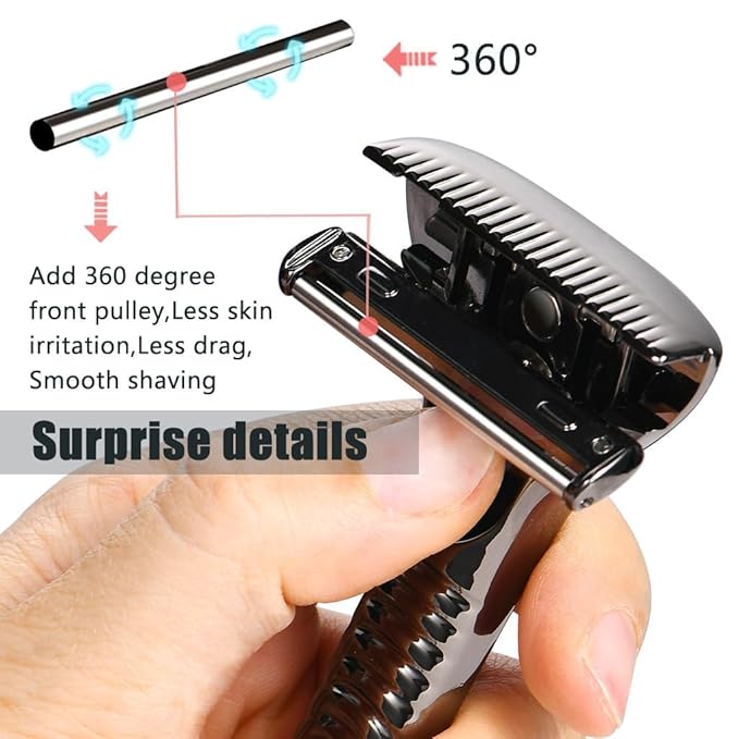 Magnetic Single Blade Razors for Men & Women,Reusable Safety Razor with 360° Rotating Track + 20 Single Edge Razor Blades + Waterproof Silicone Case - Black