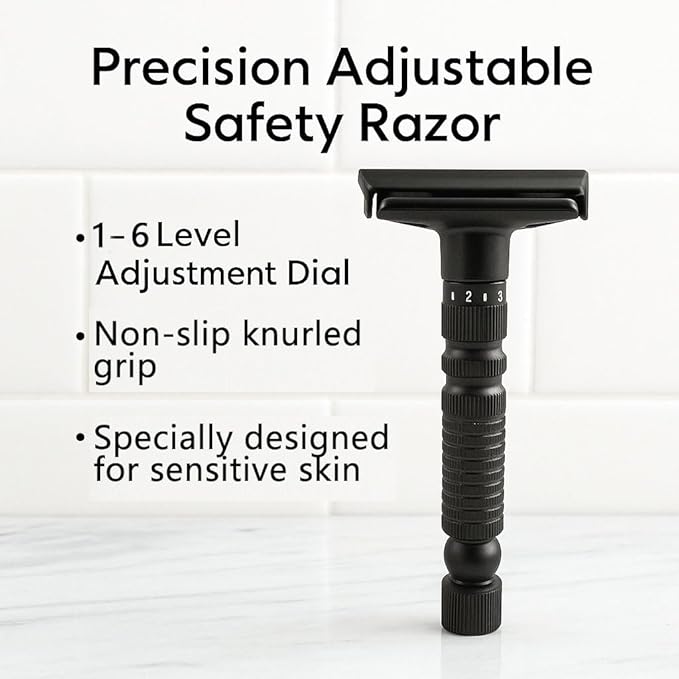 6-speed adjustable dual-blade safety razor with 10 platinum-coated stainless steel blades. Includes optional stand. Comes with complimentary travel pouch. (Black)