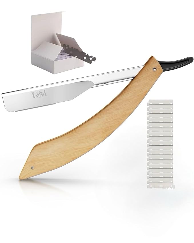 UM Supplies Straight Razors for Men – Professional Barber Straight Edge Razor Kit with 10 Replaceable Insert Single Edge Blades - Navajas Para Barbero (Curved Wooden Handle)
